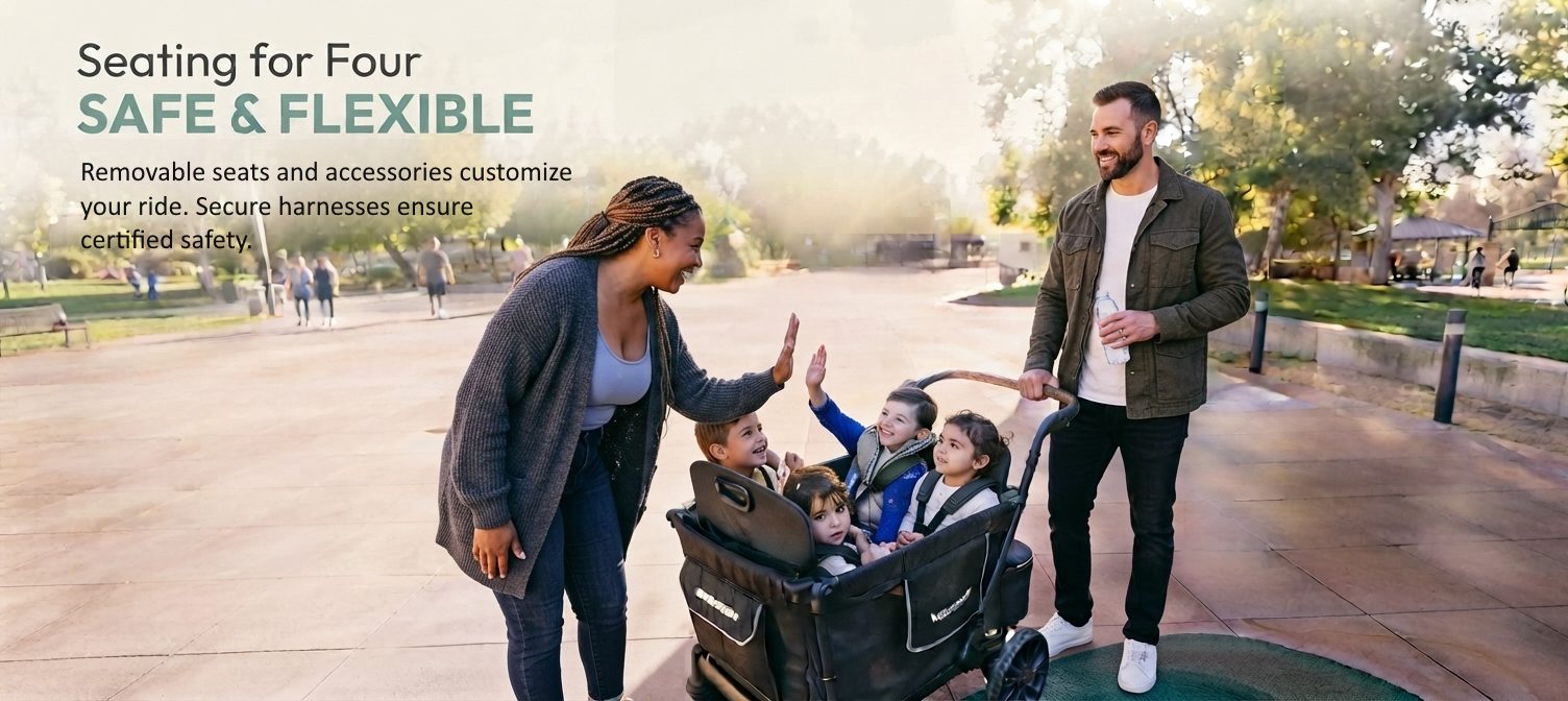 WonderFold wagon with four children seated, parents nearby in sunny park setting showing safe and flexible seating